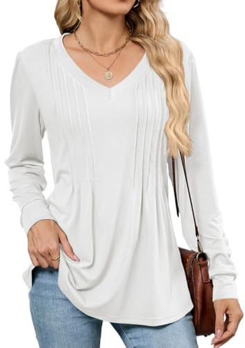 SCHOOLMOON Maglietta Donna Manica Lunga Elegante Scollo a V Tinta Unita Camicia Casual Basic Lunga Blusa Autunno Moda Tunica Tee(Bianco,XL)
