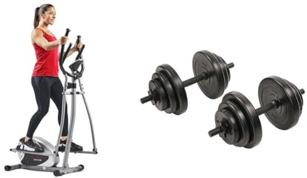 Sunny Health & Fitness Legacy Stepping Elliptical Machine, Total Body Cross Trainer + Exercise Vinyl 18KG Dumbbell Set Hand Weights for Strength Training, Weight Loss, Workout Bench
