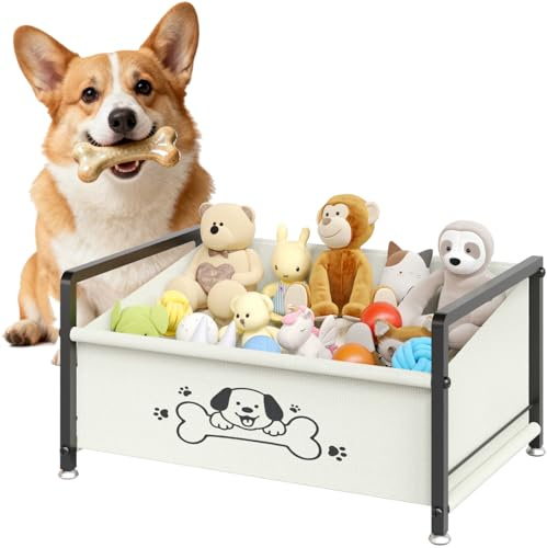 NANAGIFTREE Dog Toy Box for Storage, Metal Frame Oxford Fabric Pet Toy Organizer with Raised Legs, Large Capacity Dog Toy Basket with Front Low Opening, Washable and Durable Design