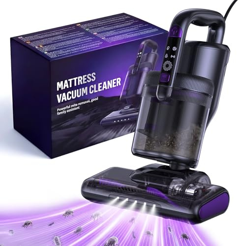 Aspirateur Matelas Aspirateur Anti Acariens 14000Pa, Aspirateur à Main avec Lumière UV-C,Air Chaud,Ultrasons&Filtre HEPA pour Matelas, Lit, Canapé, Tapis,Coussins,Idéal pour Allergiques,Câble 4 Mètres