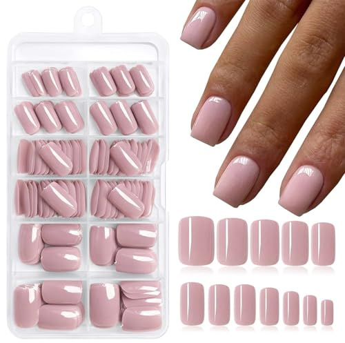 TESGADGETS 240 pezzi di unghie finte corte color carne da incollare con adesivi, unghie acriliche color carne quadrate, unghie finte