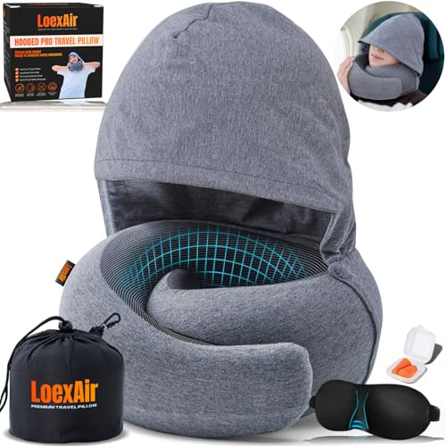 LOEXAIR™ Hooded Pro Travel Pillow - Memory Foam Neck Support Pillow for Airplane, Flight - Super-Soft Pure Cotton Fabric, Maximum Privacy & Light-Block Design, Lightweight Full Travel Kit - Light Grey