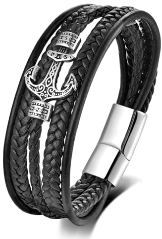 EMEMcharm EMEM Bracciale Uomo in Pelle Intrecciata con Ancora in Acciaio Inox Stile Nautico Spirito di Avventura GM310 (23, Centimetri)