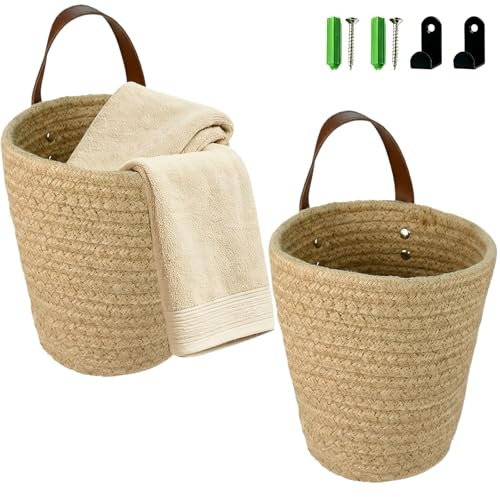 2 Stück Hängekorb, Baumwollkörbe Korb mit Ledergriff, Hängender Gewebter Wandkorb, Home Hängekorb mit 2 Stück Garderobenhaken, Korb Hängend für Büro, Küche, Schlafzimmer (16x18cm)