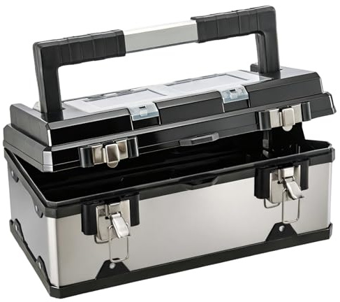 GREENSAPPIRE Tool Box ToolBox StorageHeavy Duty Stainless Steel Portable Toolbox with Metal Dual Latch Removable Tray Storage Case with Tray and Latch for Small Parts for Tools (17 Inch)