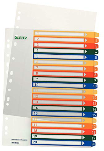 Leitz PC-beschriftbares Register, A4, PP, extrabreit, mehrfarbig (Zahlen 1-20 / 10er Pack)