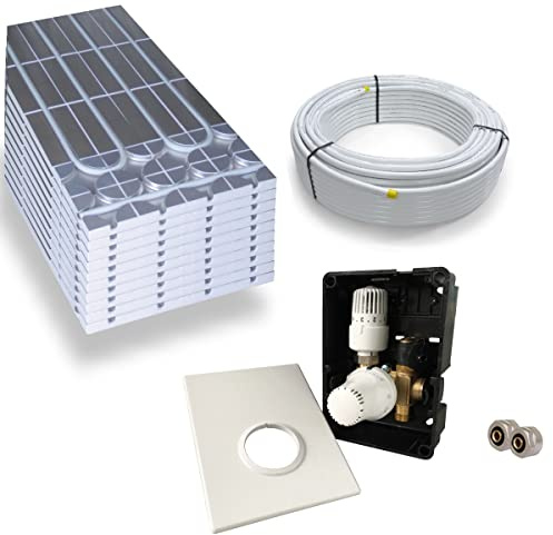 Warmwasser Trockenestrich Fußbodenheizung HoWaTech DRY Komplett Set 5/10m² Dämmplatte 30mm EPS WLG 035 DEO und Regelbox TH-RTL, Heizfläche:5.00m²
