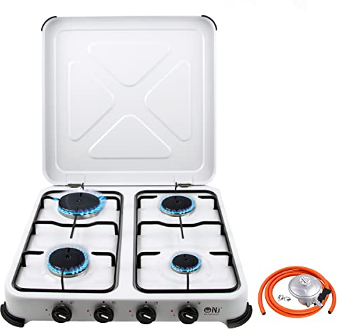 NJ-04 Camping Gas Stove - Portable 4 Burner Gas Cooker LPG Hob with Lid for Outdoor Garden Caravan 5.45 kW (Butane 21mm Clip-on)