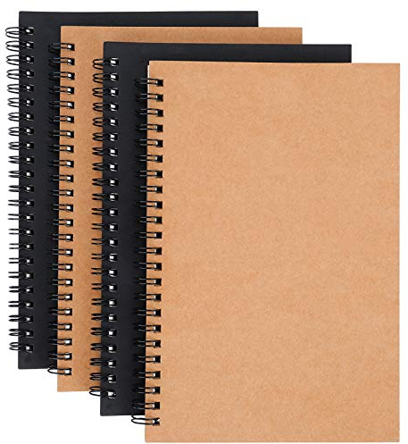 ISIYINER Anteckningsblock A5 spiral anteckningsbok tomt skissblock kraftpapper omslag skrivblock ritblock 100 sidor/50 ark för resor skola och kontor 21 x 14 cm, 4 förpackningar (brun och svart)