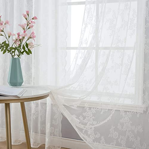 MIULEE 2er Set Vorhang Ösenvorhang mit Spitze Transparente Besondere Dekorative Gardine Kettenwirken Lace Halbtransparent Lichtdurchlässig für Wohnzimmer Kinderzimmer Cafeteria 150x260cm Weiß