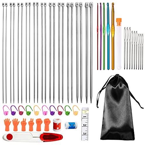 Gativs Aghi da Maglia Lunghi 80 Pezzi Uncinetto Set Ferri da Maglia in Acciaio Inossidabile Punto Singolo Ferri da Maglia Set Ferri da Maglia Lunghi Uncinetti Set Accessori del Crochet