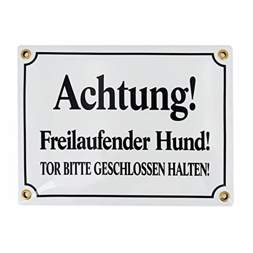 Sosenco Emailschild Achtung! FREILAUFENDER Hund! Tor Bitte GESCHLOSSEN HALTEN! 15x20 cm Warnschild wetterfest | Schild Emaille Hund Warnung