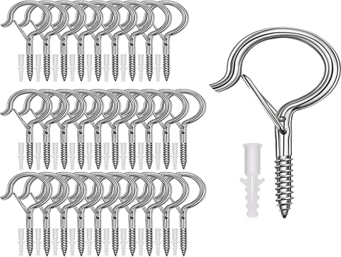 Anlising 30 Stücke Schraubhaken Edelstahl, Hakenschrauben mit Schnapp-Sicherung, Weihnachtsbeleuchtung Haken, Deckenhaken mit Schrauben, zum Aufhängen von Topfplanzen, Weihnachtsdekoration (Silber)