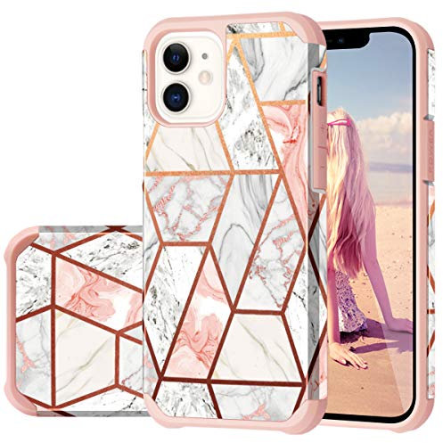 Casewind for iPhone 12 Case, iPhone 12 Pro Case Marble 2 in 1 Hard PC Soft TPU Dual Layer Hybrid Bumper Protective Drop Protection Cover for iPhone 12/12 Pro, Rose Gold