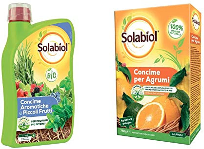 Solabiol Concime Liquido Biologico per Aromatiche e Piccoli Frutti con Tecnologia Natural Booster, 1L & Concime Biologico Granulare Agrumi con Tecnologia Natural Booster
