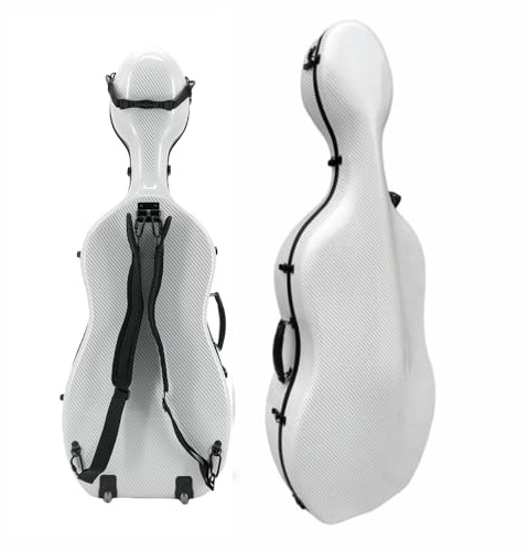 WUQIMUSC Cellokoffer aus Karbonfaser für 4/4, robuste Hartschale, Cellophanhülle mit Rollen, Rucksackgurten und gepolsterten Griffen, 3,8 kg, langlebiges, stilvolles Design für Reisen (Silber)