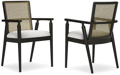 Signature Design by Ashley Galliden Rustic Solid Wood Upholstered Dining Arm Chair with Faux Cane Backrest, Set of 2, Light Brown & Black
