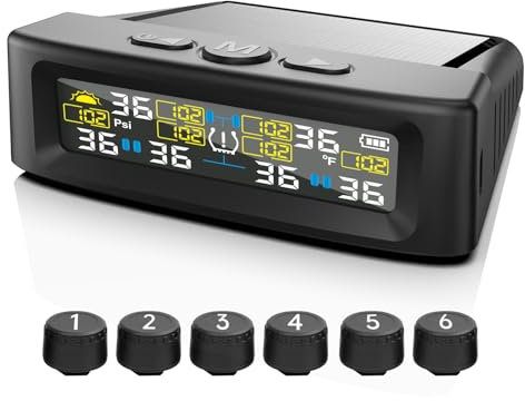 KAOLALI Reifendruckkontrollsystem TPMS Kabellose Solar 6 Räder Reifendrucküberwachung mit digitaler Anzeige, 9,9 Bar/144 PSI Max, Solar & USB Aufladung, für LKWs, Wohnwagen, Busse