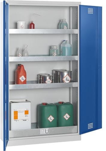 eurokraft | Umweltschrank | mit 3 Wannenböden und 1 Bodenauffangwanne | Türen enzianblau