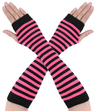 Goth Armstulpen Emo-Punk, fingerlose Handschuhe, Y2K, Kawaii, Armstulpen, Halloween-Kostüm, Femboy, lange gestreifte Handschuhe, schwarz-rose-rot, Einheitsgröße