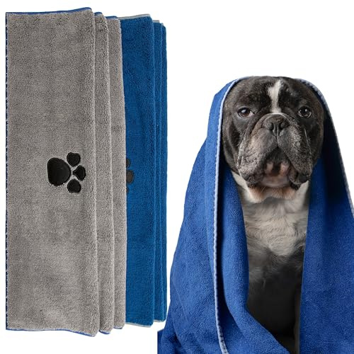 SUPER ABSORBENT Soft Microfiber Dog & Cat Towel - Fast Drying Dog Wash Pet Towels, Bath Accessories, Nail Paw Cleaner (Blue/Grey, 100x60cm, Pack of 1)