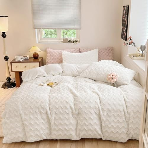 Nyescasa Plüsch Bettwäsche 155x220 Beige Wellen Warme Winter Flauschig Flanell Wendebettwäsche Langhaar Kunstfell Deckenbezug Fleece Cashmere Touch Bettbezug mit Reißverschluss und Kissenbezug 80x80