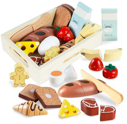Smartwo Kinderküche Zubehör Holz Lebensmittel zum Schneiden, Spielküche Zubehör Frühstück Set, Küchenzubehör für Rollenspiele, Holzspielzeug Küche 12PCS, Geschenk für Mädchen Jungen ab 2 Jahre