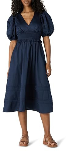 Amazon Essentials Vestido Midi Entallado y con Vuelo de Satén de Algodón con Mangas Abullonadas y Cuello en V Mujer, Azul Marino, L