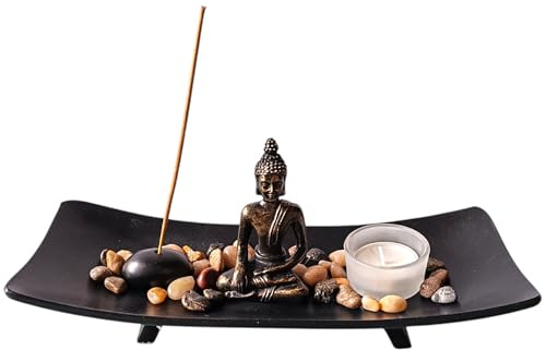ZEN&TAO Juego de portavelas y incienso estilo jardín zen japonés, bandeja negra con estatua de Buda, soporte para incienso, portavelas y tumbas naturales