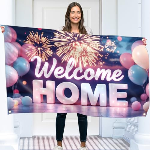 Cartel de bienvenida a casa – Cartel de bienvenida – Decoración de bienvenida para el hogar – 5 pies x 3 pies con imagen de globo de bienvenida – Cartel de bienvenida a casa – Cartel de «We Missed You