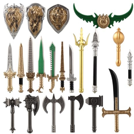 LootPop Kit d'armes de combat de chevalier et de combat tribal – Accessoires de blocs de construction avec épée, lance, hache, bouclier, marteau et trident 21 pièces