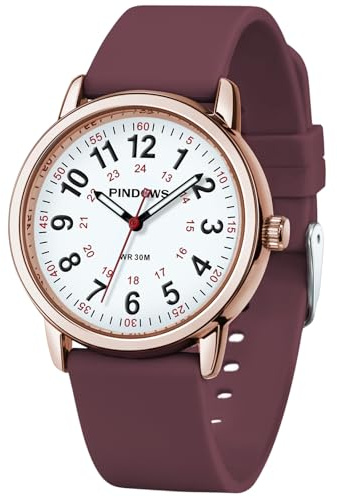PINDOWS Watches for Women, Analog Quartz Ladies Watches for Students Women and Men, 30M Waterproof Military Time Luminous Easy-Read Dial