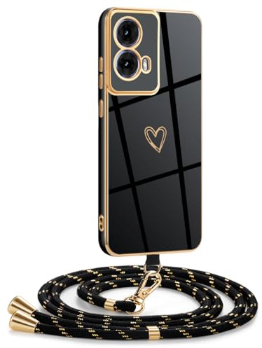 Mkej Funda para Motorola Moto G85 5G con Cuerda, Silicona diseño de corazón con Chapado en Oro de Lujo, Ajustable y Retirable Cordon Carcasa Case para Motorola Moto G85 5G, Oro Negro
