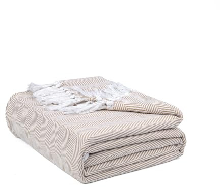 EHC Herringbone Throw, Handwoven Cotton Throws for Sofas Bed Sofa Settee Couch Reversible Bed Cover Over Blanket, Single,127 x 152 cm, Beige