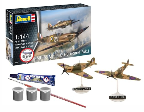 Revell 73771 Starter Kit Spitfire Mk.Ia & Hurricane Mk.I 1:144 Scale Unbuilt Plastic Model Kit with Accessories