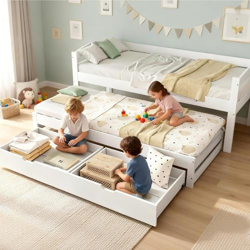 LANTRO JS Ausziehbett, Tagesbett mit 2 MDF-Schubladen, Rollen unten, Umwandelbares Schlafsofa für Wohnzimmer, Schlafzimmer, Weiß
