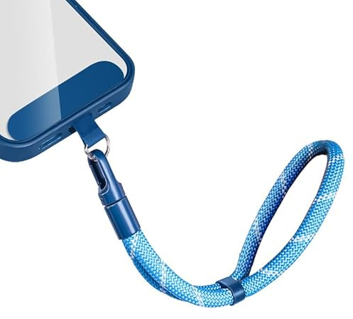 Kurz Handykette Handyanhänger Handyband Handy kette Lanyard Verstellbarer Handgelenkband mit Patch Universal für alle Handytaschen iPhone 17 Pro Max Anhänger für Schlüsselbund USB-Stick Blau-Weiß