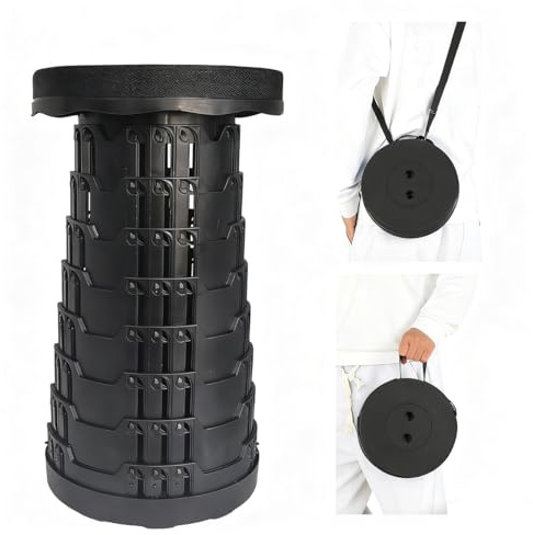 Ruayia Sgabello pieghevole portatile, telescopico, retrattile, in plastica leggera ma più robusto, per campeggio, pesca, escursionismo, barbecue, all'aperto, interni, cucina, nero