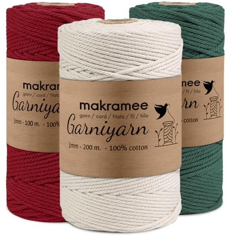 GARNIYARN Makramee Garn 3mm Premium – 400m Baumwollkordel 100% Baumwolle für Makramee Wandbehang, Pflanzenhänger, Hakeln & DIY Basteln – Natural/ChristmassTree/ElegantRed