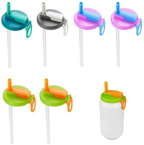 Milk Bottle Tops, Cans Lids for Fizzy Drinks, Soda Can lids with Straws, 8.6 cm Multi-Color Drink Covers for Coke Can Lids and Tins, Set of 6 in Blue, Gray, Purple, Green