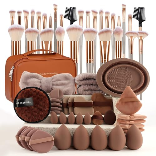 Lot de 67 pinceaux de maquillage professionnel et de soin du visage | Set de pinceaux de maquillage pour femme avec éponges de beauté, sac de rangement | Kit complet pour fond de teint, fard à