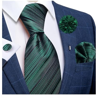 DiBanGu Tie for Men Silk Dark green Necktie and Pocket Square Cufflinks Lapel Pin Brooch Woven Formal Ties for Wedding