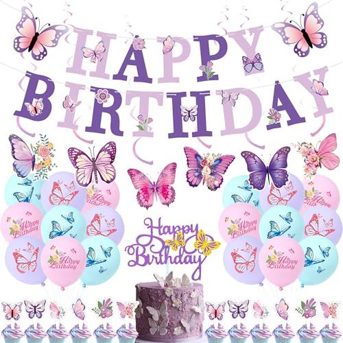 Juego de decoración de cumpleaños de mariposa, color lila, 39 unidades, decoración de fiesta con guirnalda de pancarta de feliz cumpleaños, decoraciones colgantes, adornos para tartas y globos de