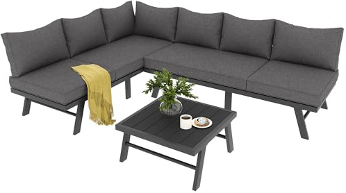 Senmate Set Salotto da Giardino 5-6 Posti, 2 Divani 3 Posti + Tavolo, 7 Cuscini Grigi (seduta 8 cm), Struttura in Ferro Zincato con Piedini Regolabili