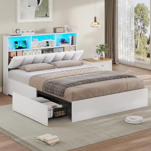 AOGLLATI Cama 140x190 cm, Camas Matrimoniales con Estación de Carga e Iluminación LED, Estructura Cama Matrimonio con 4 Cajones y Cabecero Acolchado, Amplio Espacio de Almacenamiento, Blanco