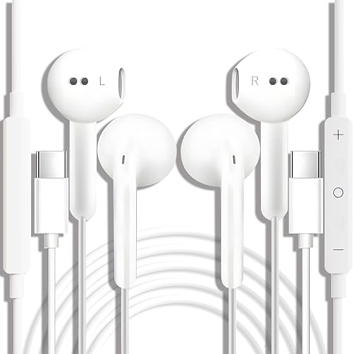 USB C Headphones, 2 Pcs USBC Headphones Wired Earphones Type C In Ear Earbuds With Mic & Volume Control for iPhone 15/16 Plus iPad Samsung Galaxy S25 S24 S23 S22 S21 FE iPad Pro Huawei Google Pixel