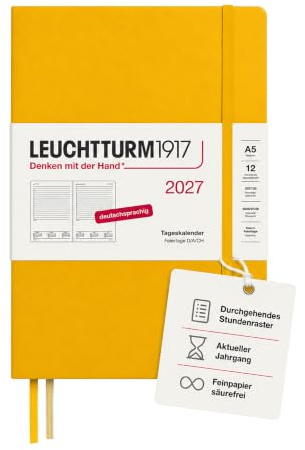 LEUCHTTURM1917 Tageskalender 2027 Medium (A5) - Deutsch, Sunflower, 145 x 210 mm, Januar-Dezember (12 Monate), 1 Seite pro Tag, Stundenraster 7:00-22:00, Hardcover, 80 g/m² Papier | 1 Seite pro Werktag, Stundenraster 7–22 Uhr, 464 Seiten, säurefreies Papier, 3-Jahresübersicht, Falttasche
