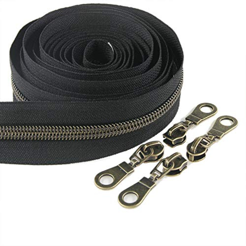 #5 gunmetal metallic Nylon Spule Reißverschlüsse von The Yard Bulk 9m schwarzes Klebeband mit 25 Stück Gold Schieberegler für DIY Nähen Schneider Handwerk Tasche Leekayer (schwarz)