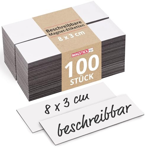 Magstick 100 Stück wiederbeschreibbare Magnet-Etiketten 8 x 3 cm - mag209 | Rückseite magnetisch, Größe 80 x 30 x 0,85 mm, Magnetetiketten MAGSTICK, Kein Haftgrund für Magnete