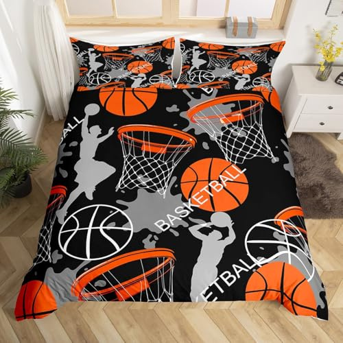 Feelyou Kids Basketball Bedding Set Cool Sport Theme Comforter Cover Set for Boys Teens 1 Duvet Cover with 2 Pillowcases Queen Size